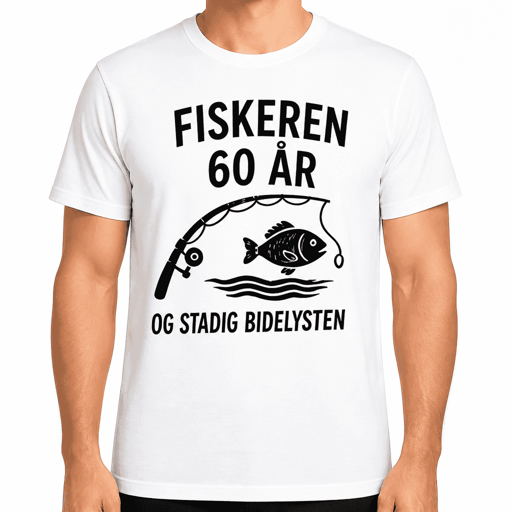 T-shirt til 60 års fødselsdag – Fiskeren 60 år og stadig bidelysten