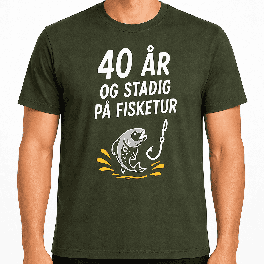 T-shirt til 40 års fødselsdag – 40 år og stadig på fisketur