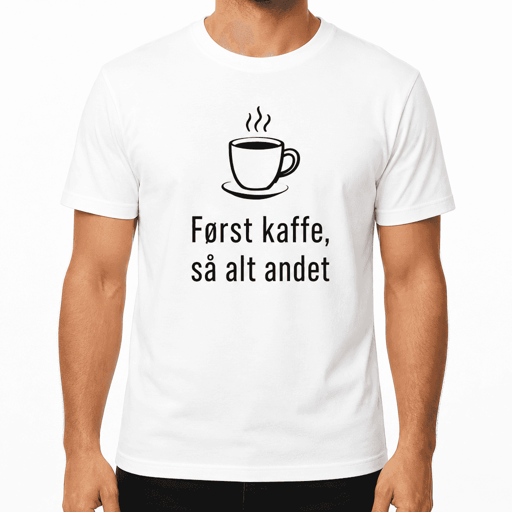 T-shirt til kollega – Først kaffe, så alt andet