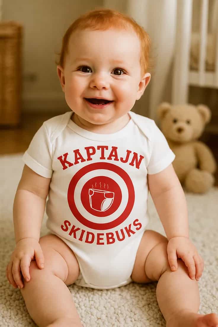 Baby-body med blå Kaptajn Skidebuks-motiv