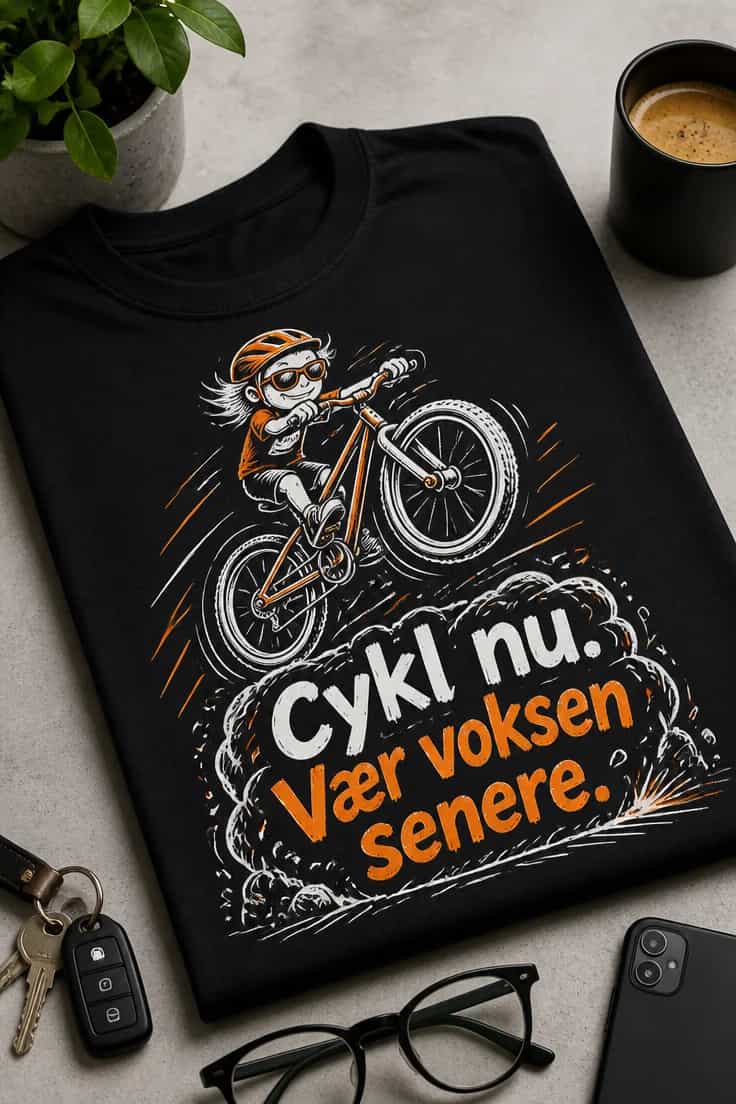 Cykel-T-shirt – Cykl nu. Vær voksen senere.