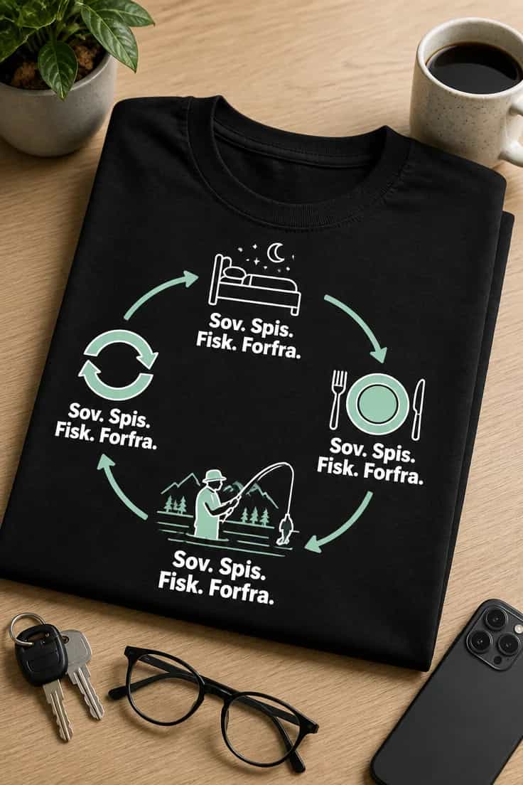 Fisketrøje med Sov. Spis. Fisk. Forfra.