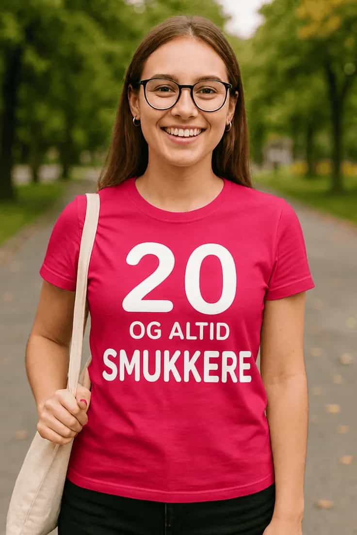 Sjov t-shirt 20 og altid smukkere – 20 OG ALTID