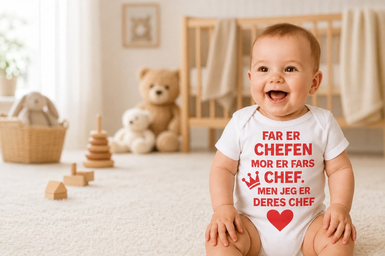 Baby i body med teksten “Jeg er deres chef”
