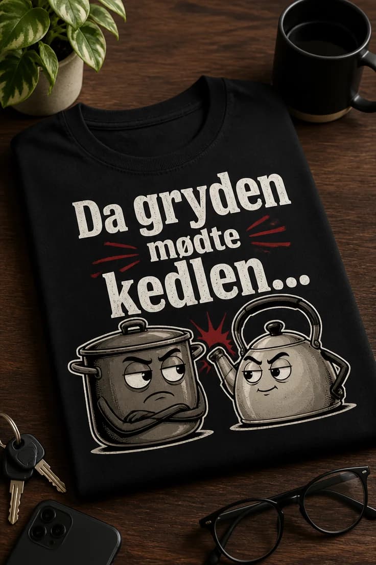 Sjov T-shirt med slogan: Da gryden mødte kedlen...