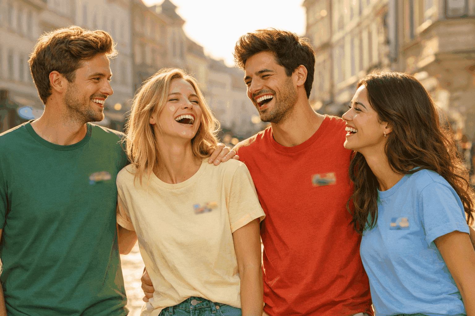 Venner griner i T-shirts fra Sjove-shirts.com