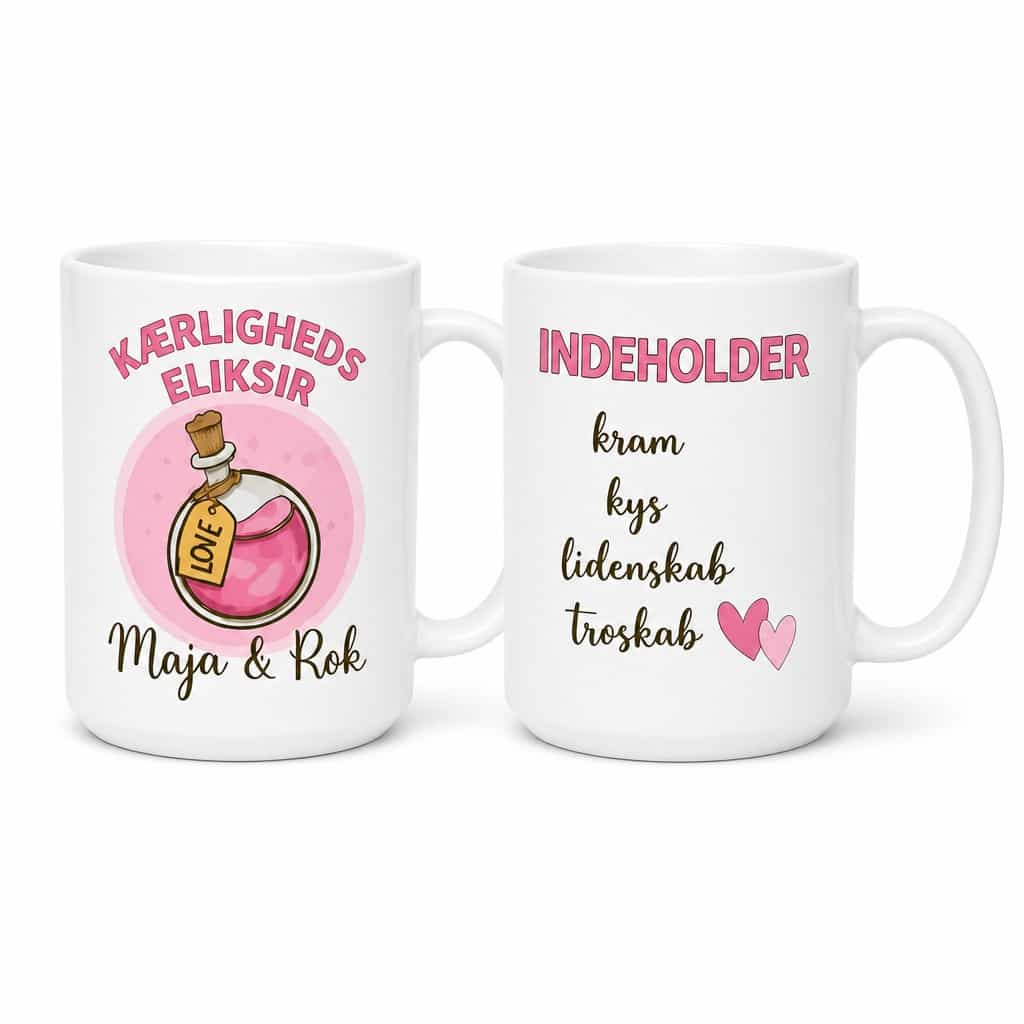 Sjovt krus Kærlighedseliksir med navn | Maja & Rok