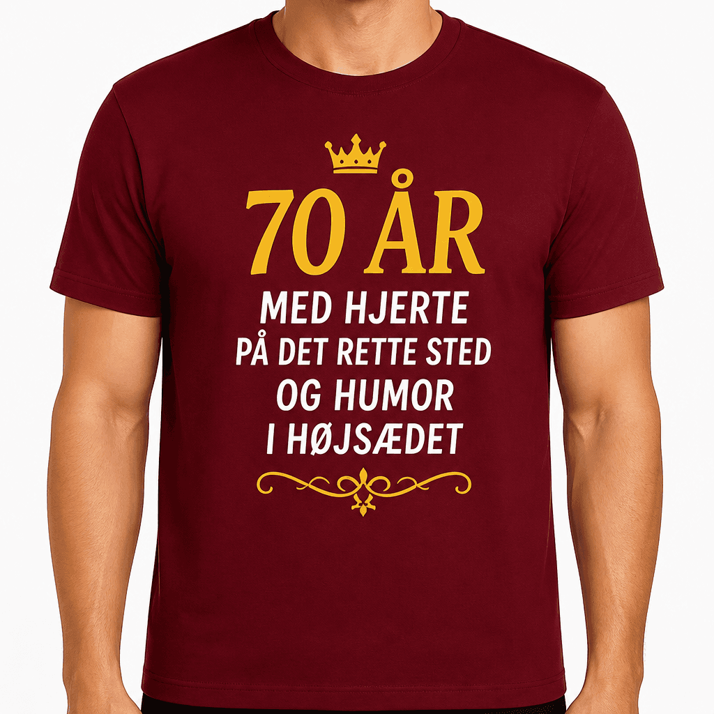 T-shirt til 70 års fødselsdag – 70 år med hjerte på det rette sted og humor i højsædet
