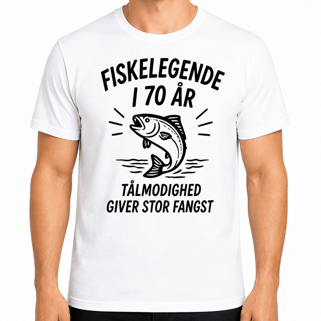 T-shirt til 70 års fødselsdag – Fiskelegende i 70 år tålmodighed giver stor fangst