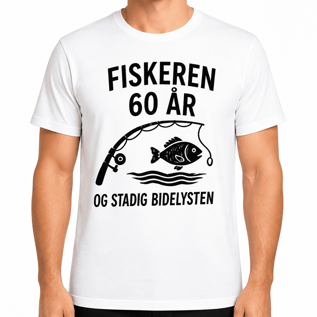 T-shirt til 60 års fødselsdag – Fiskeren 60 år og stadig bidelysten