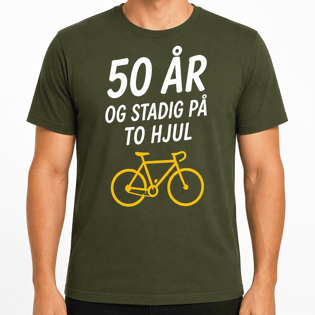 T-shirt til 50 års fødselsdag – 50 år og stadig på to hjul