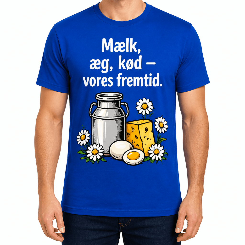 Landmand T-shirt – Mælk, æg, kød — vores fremtid.