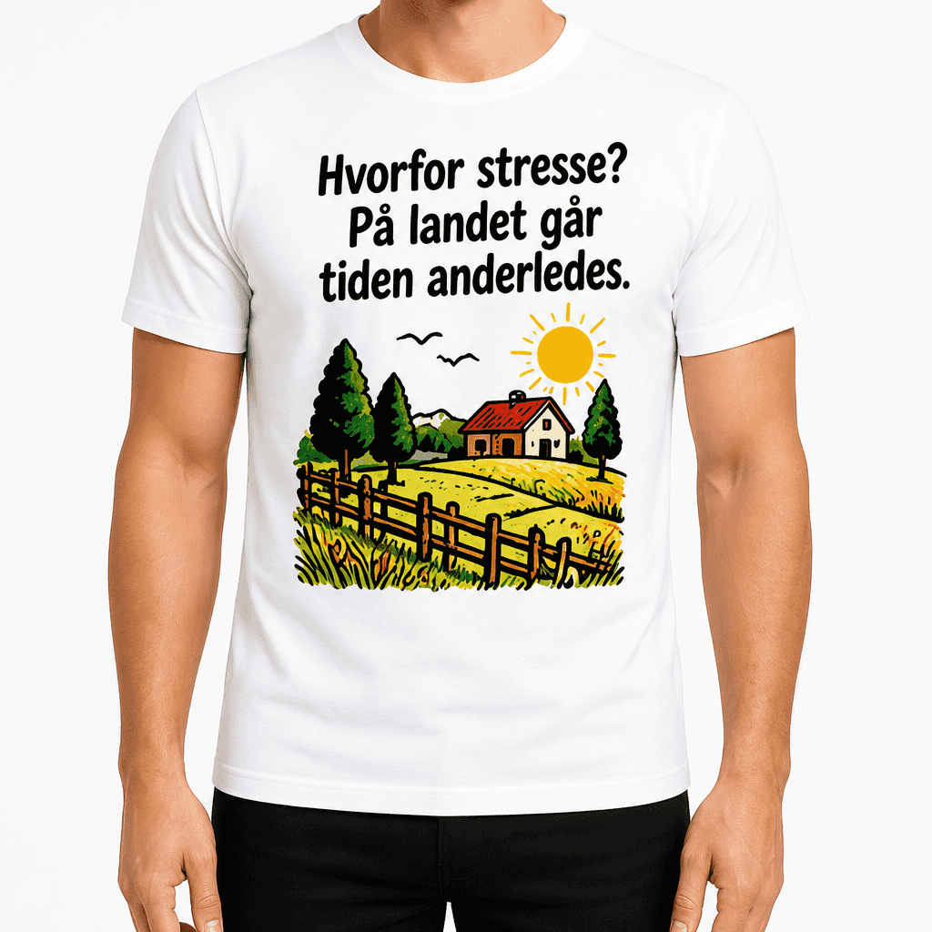 Landmand T-shirt â Hvorfor stresse? PĂĽ landet gĂĽr tiden anderledes.