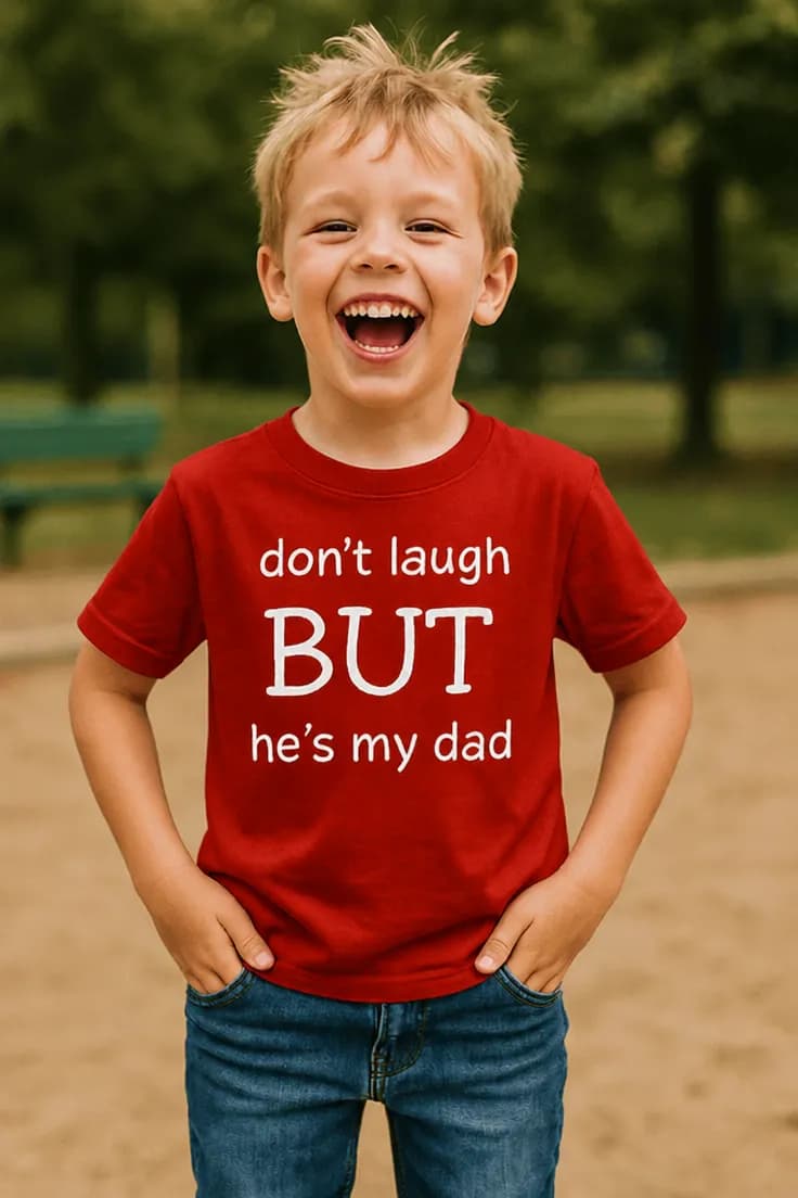 Børne t-shirt Grin ikke far - don't laugh BUT he's my dad