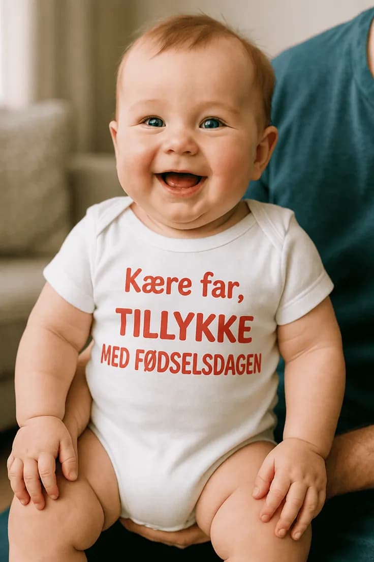 Baby-body fødselsdagshilsen med navn – Kære far,