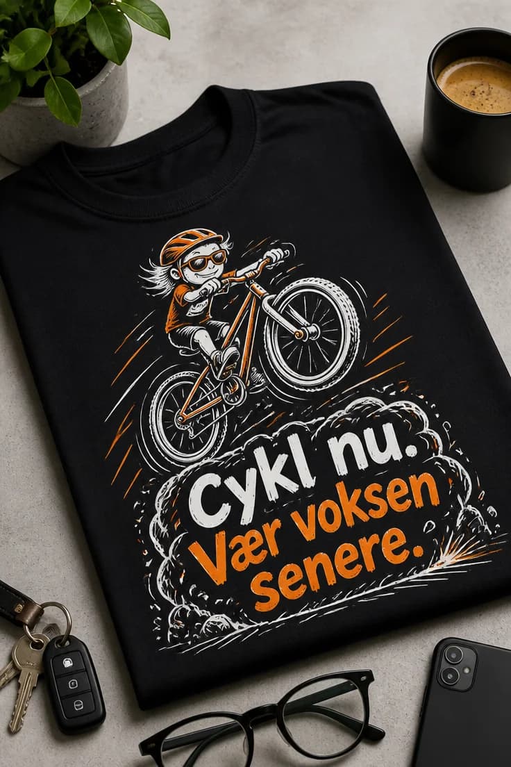 Cykel-T-shirt – Cykl nu. Vær voksen senere.