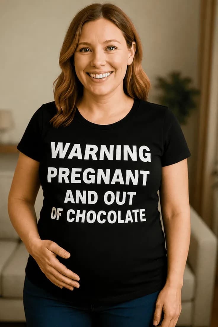 Gravid t-shirt Advarsel mangler chokolade