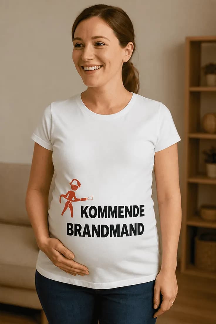 Gravid t-shirt kommende brandmand med ønsket tekst