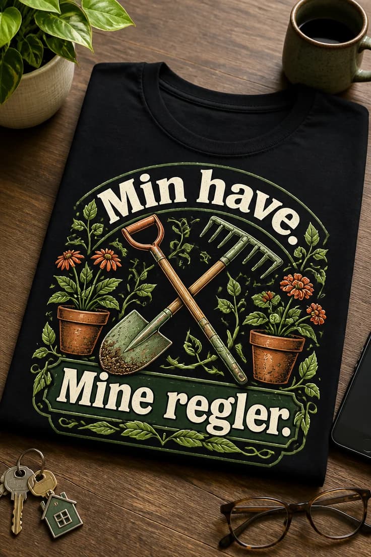 Have-T-shirt med teksten: Min have. Mine regler.
