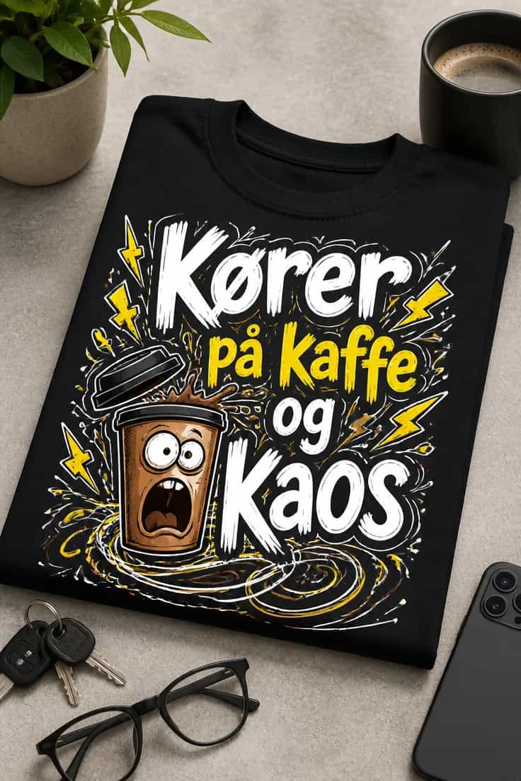 Sjov kaffe-T-shirt â KĂžrer pĂ„ kaffe og kaos