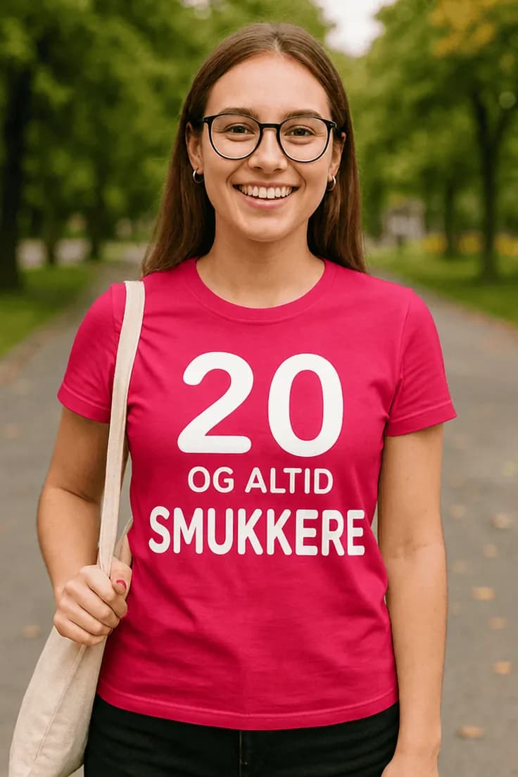 Sjov t-shirt 20 og altid smukkere – 20 OG ALTID
