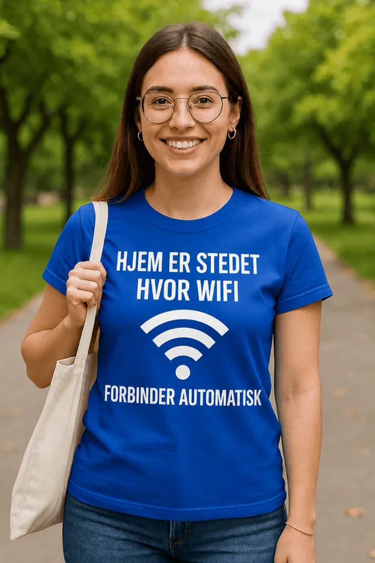 Sjov t-shirt Hjem med wifi – HJEM ER STEDET