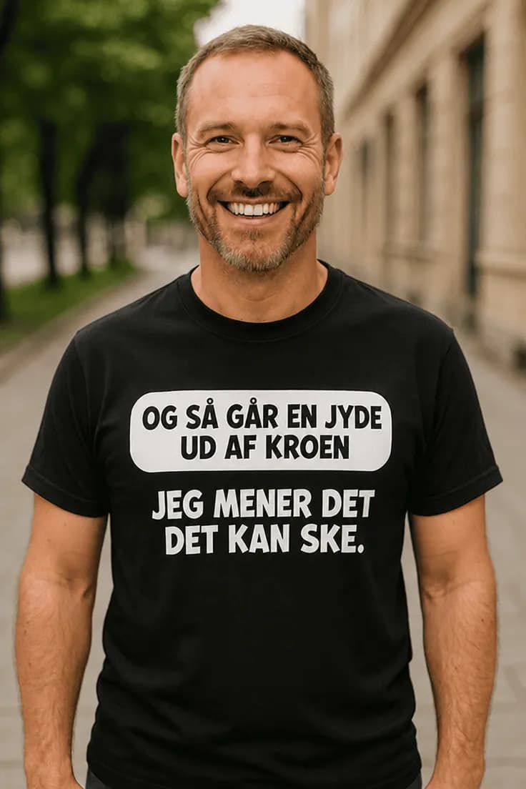 Sjov t-shirt Jyde forlader kroen – OG SÅ GÅR EN JYDE