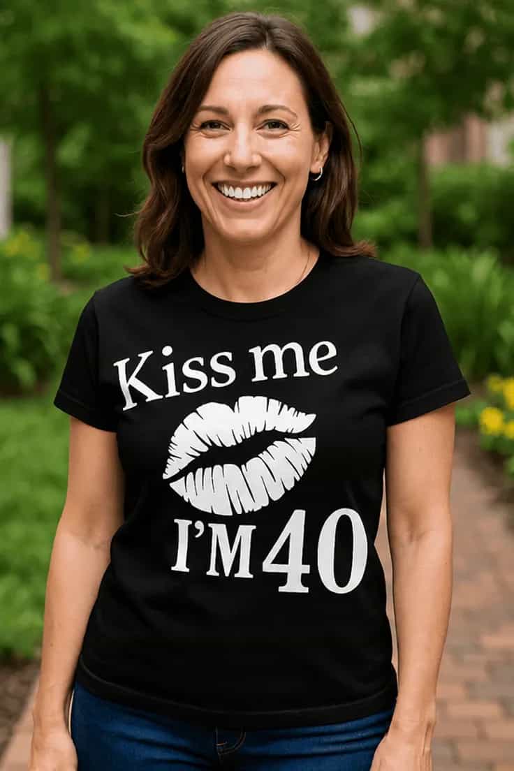 Sjov t-shirt Kiss me alder efter ønske - Kiss me I'M40