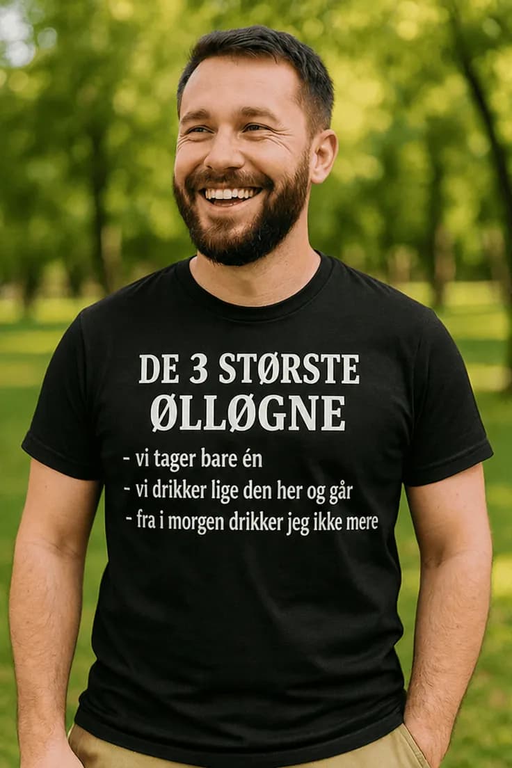 Sjov t-shirt Ølløgne – DE 3 STØRSTE ØLLØGNE