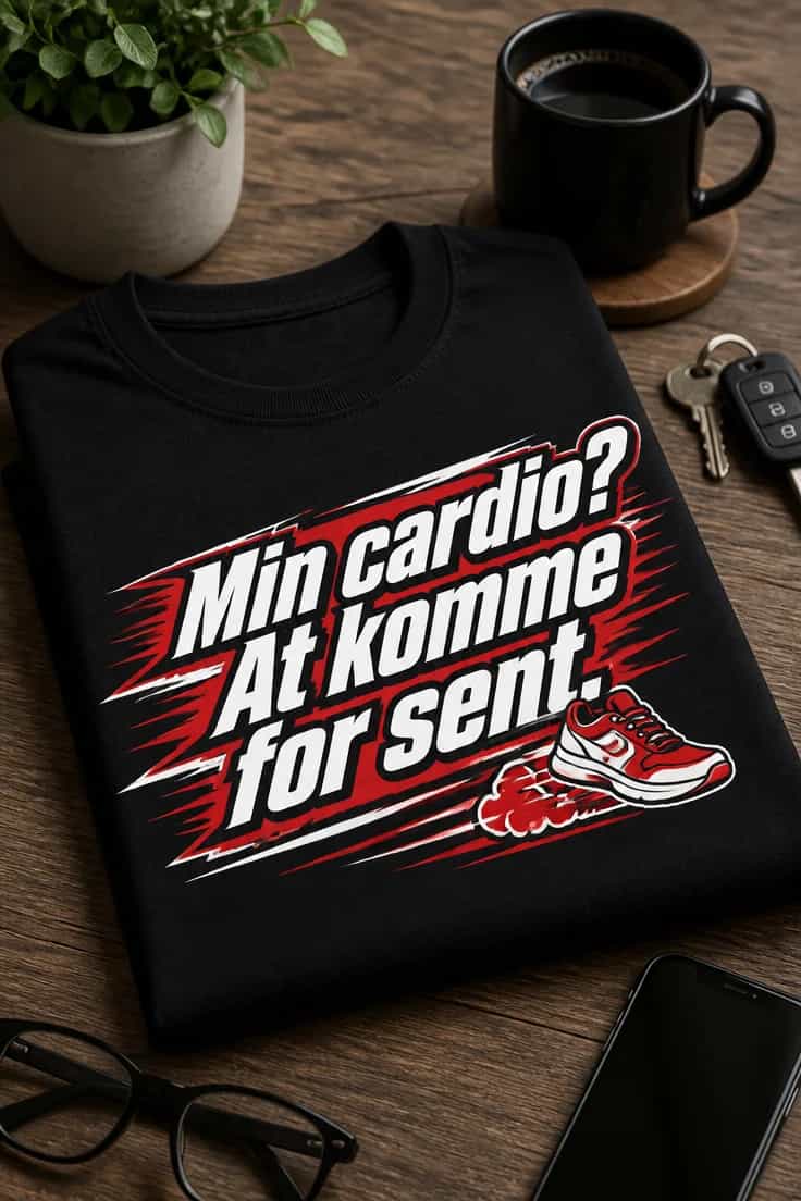 Sjov T-shirt med teksten: Min cardio? At komme for sent.
