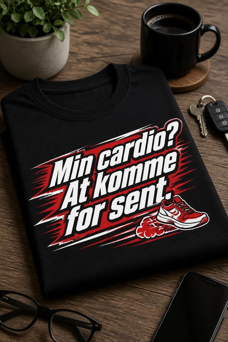 Sjov T-shirt med teksten: Min cardio? At komme for sent.