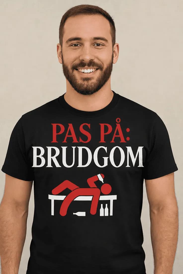 Sjov t-shirt Pas på brudgom – PAS PÅ: BRUDGOM