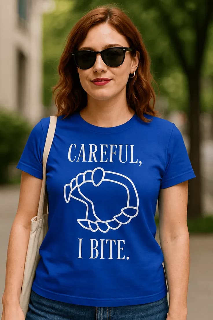 Sjov t-shirt Pas på jeg bider CAREFUL, I BITE..