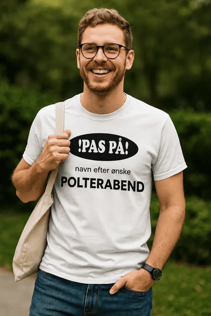 Sjov t-shirt Pas på polterabend med navn
