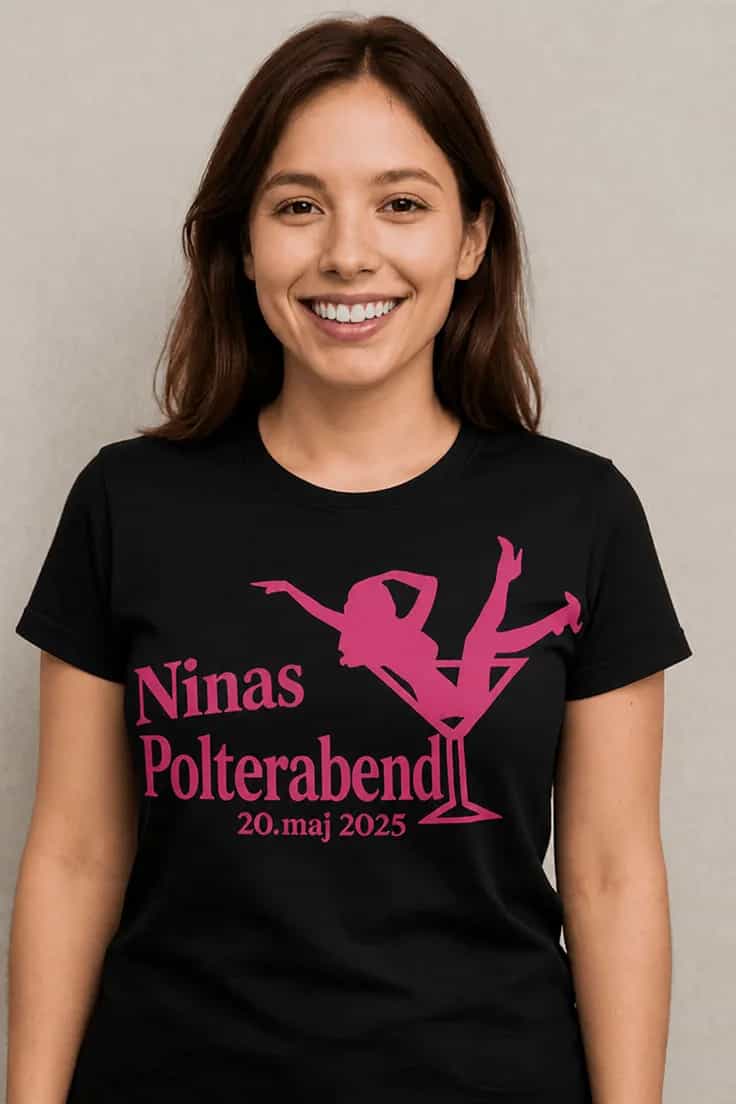 Sjov t-shirt Polterabend med martiniglas med navn