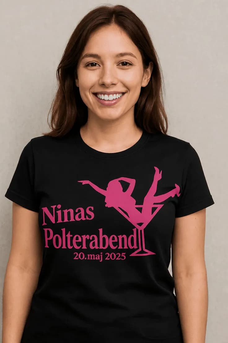 Sjov t-shirt Polterabend med martiniglas med navn
