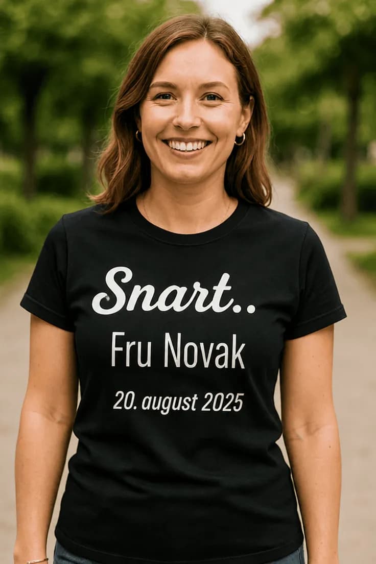 Sjov t-shirt Snart med navn og dato – Snart..