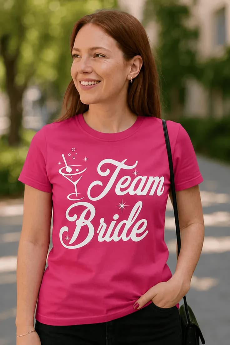 Sjov t-shirt Team bride med glas – Team Bride
