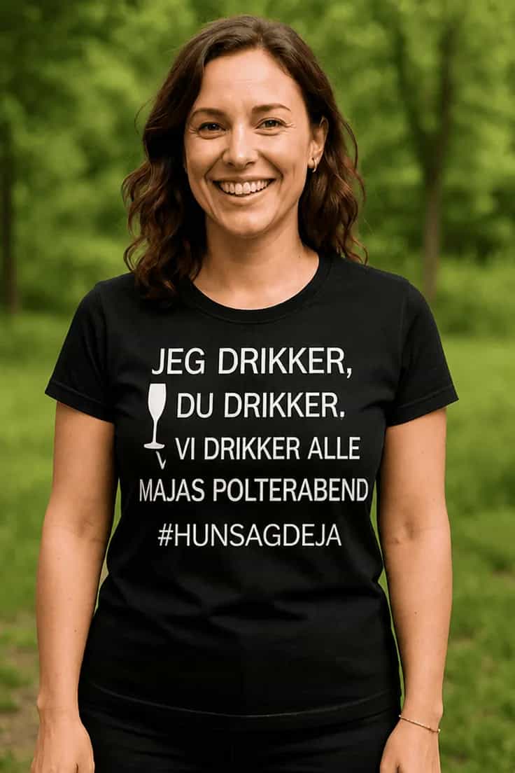 Sjov t-shirt Vi drikker alle med navn – Maja