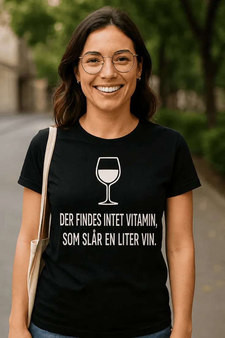 Sjov t-shirt Vitamin og vin – DER FINDES INTET V