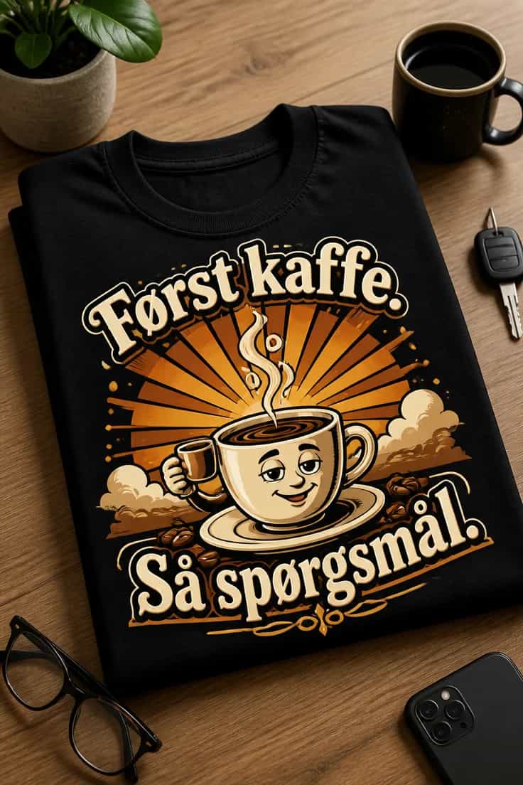 Sjov kaffe-T-shirt - FÞrst kaffe. SÄ spÞrgsmÄl.