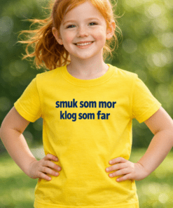 Sjov børne-t-shirt: Smuk som mor, klog som far