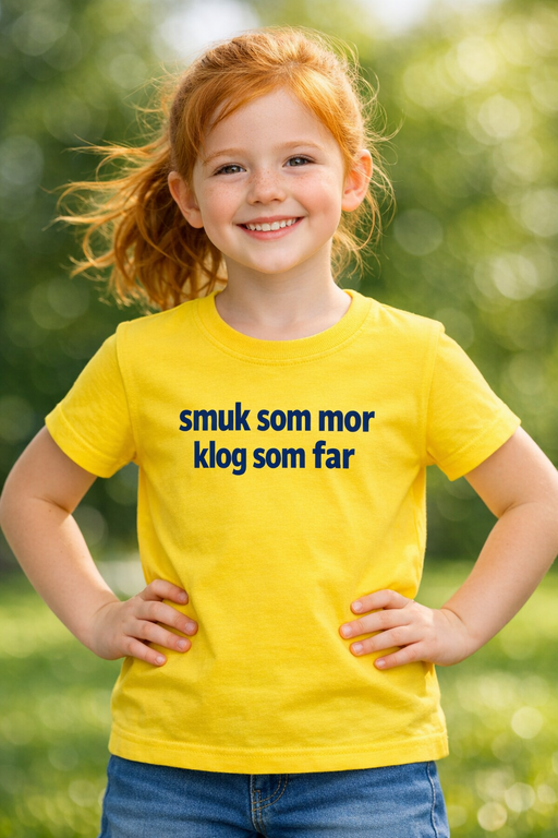 Sjov børne-t-shirt: Smuk som mor, klog som far
