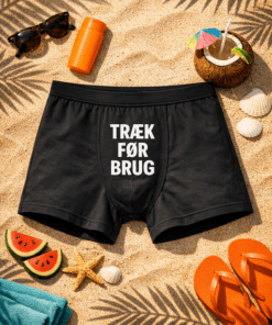 Herreboxershorts med tekst: TRÆK FØR BRUG