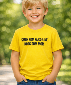 Sjov børne-t-shirt: Smuk som fars øjne, klog som mor