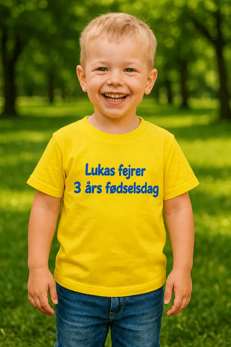 Børne t-shirt Fødselsdag med navn med teksten Lukas fejrer 3 års fødselsdag