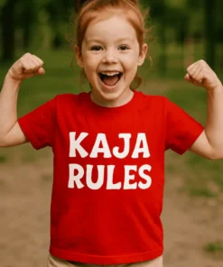 Børne t-shirt Rules med navn med teksten KAJA RULES