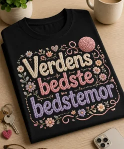 T-shirt med teksten "Verdens bedste bedstemor" i stor strikket bogstavstil, pyntet med garnnøgle og små blomster i varme pastelfarver.