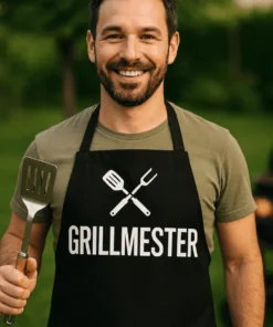Forklæde grillmester som sjov gave til fødselsdag for den faste chef ved grillen