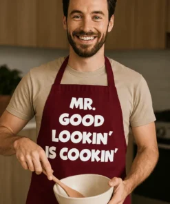 Forklæde Mr good lookin laver mad med teksten MR. GOOD LOOKIN' NS COOKIN'